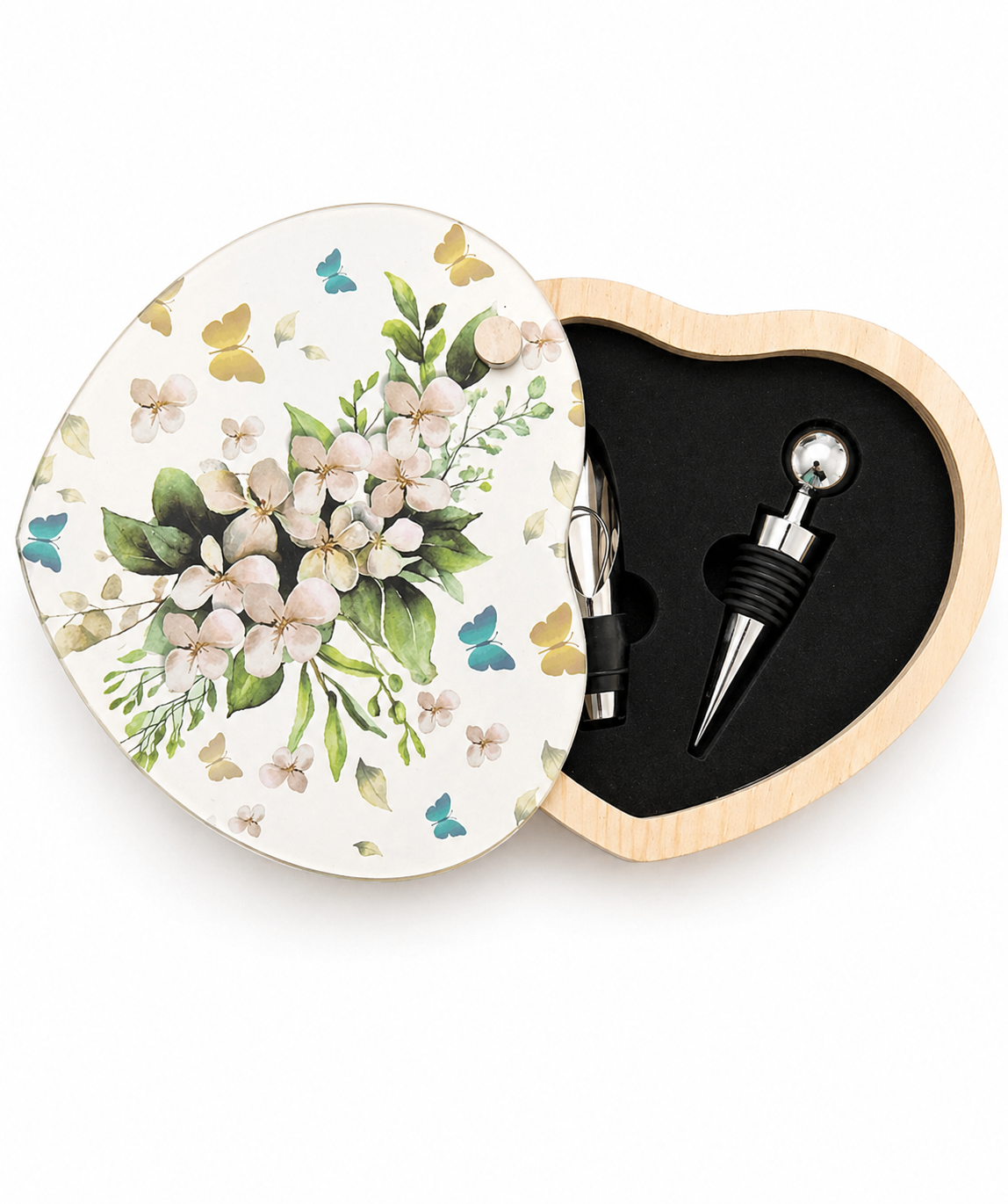 Set vino cuore flowers white