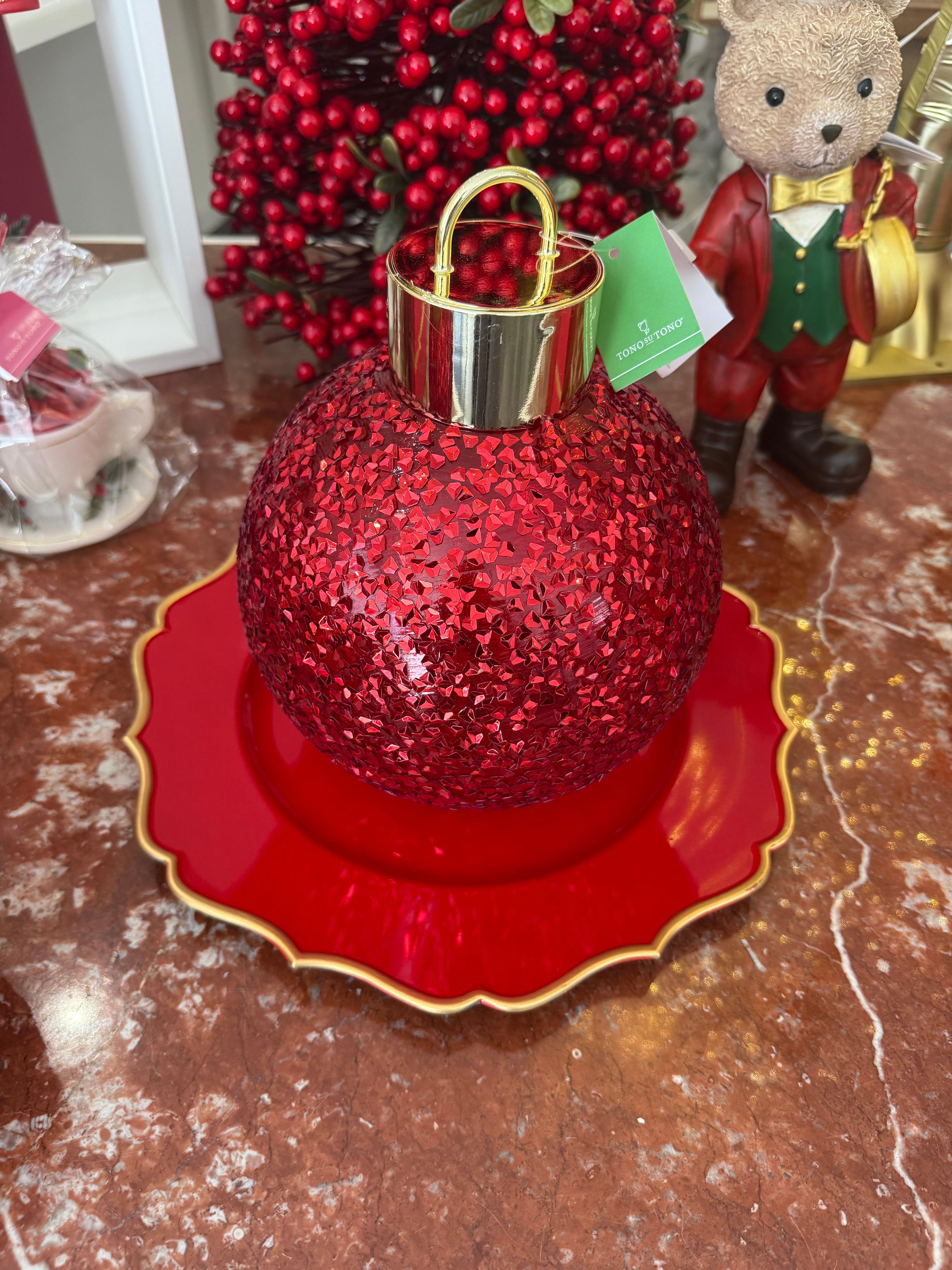 Sfera glitter rossa con led tono su tono piccola